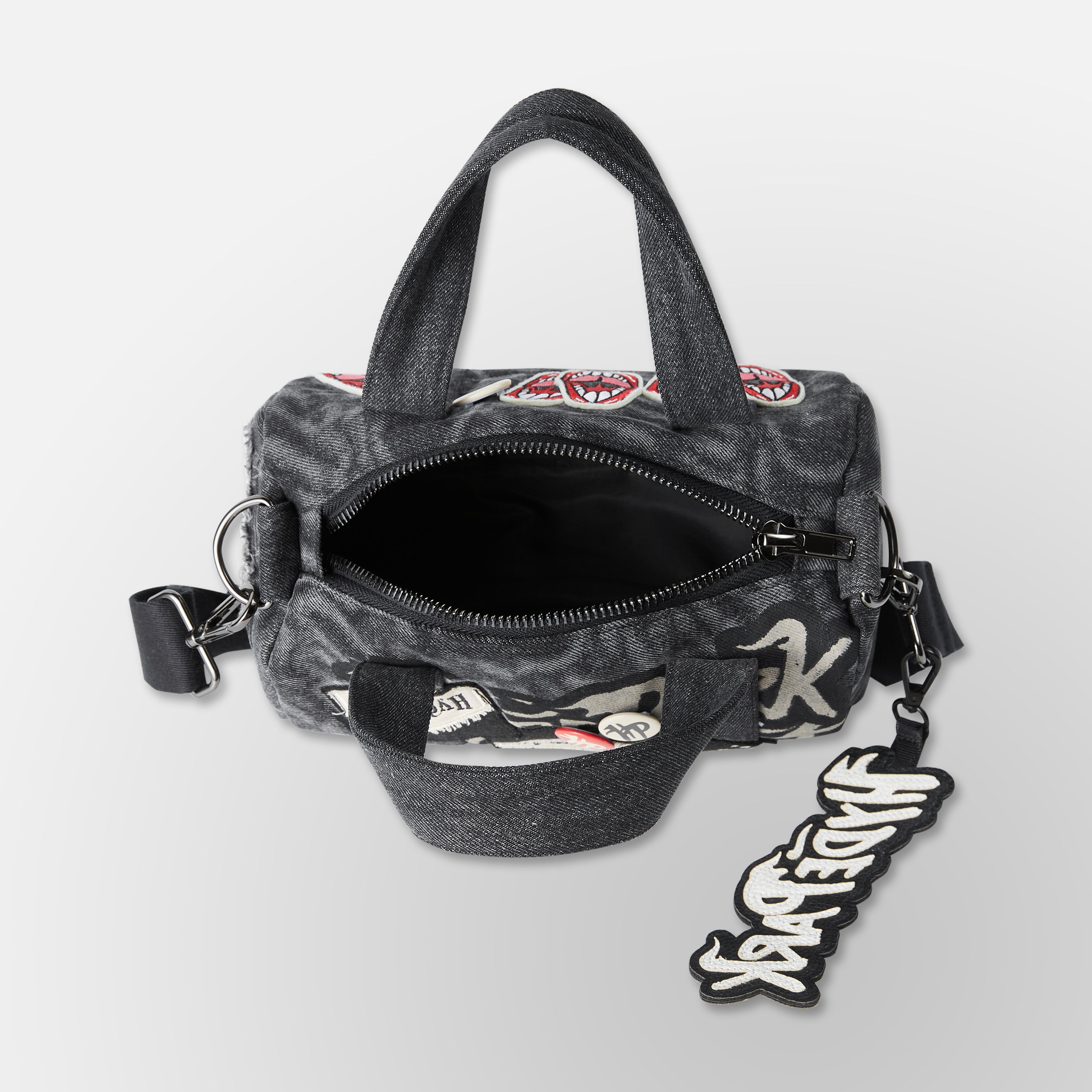 Up-Cycled, Written Up- Denim Mini Duffle Bag- Black