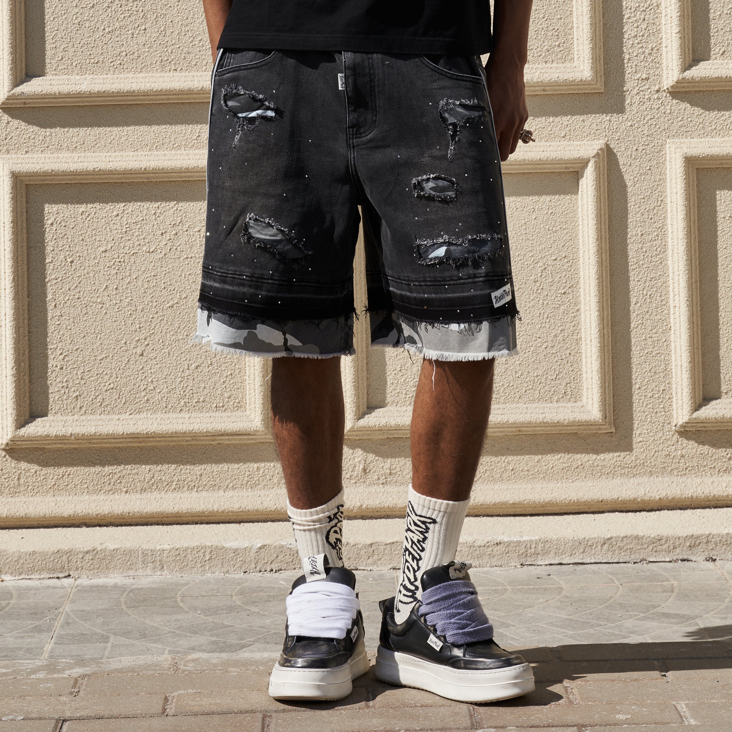 Camo Patch Striped Denim Short - Black