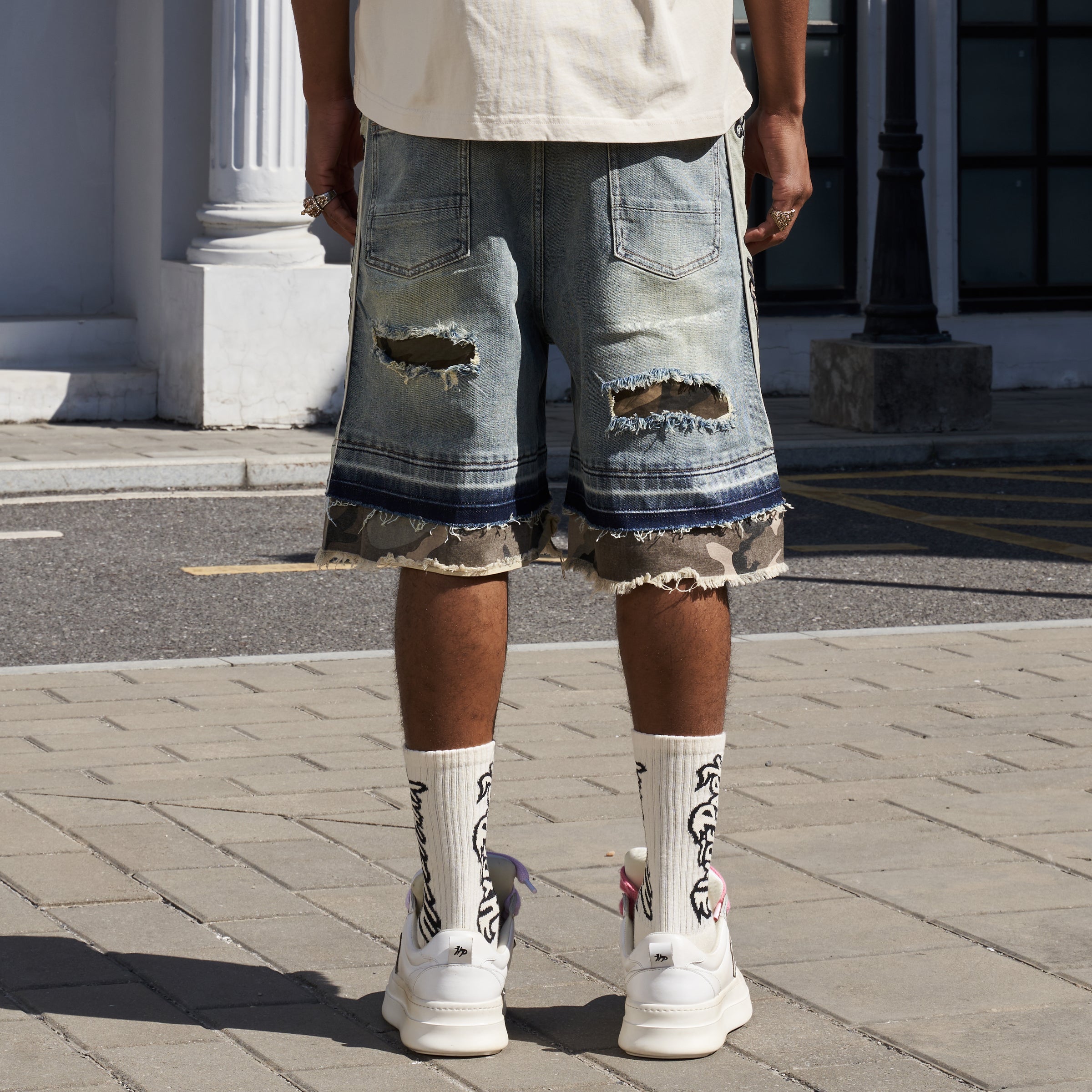 Camo Patch Striped Denim Short - Blue