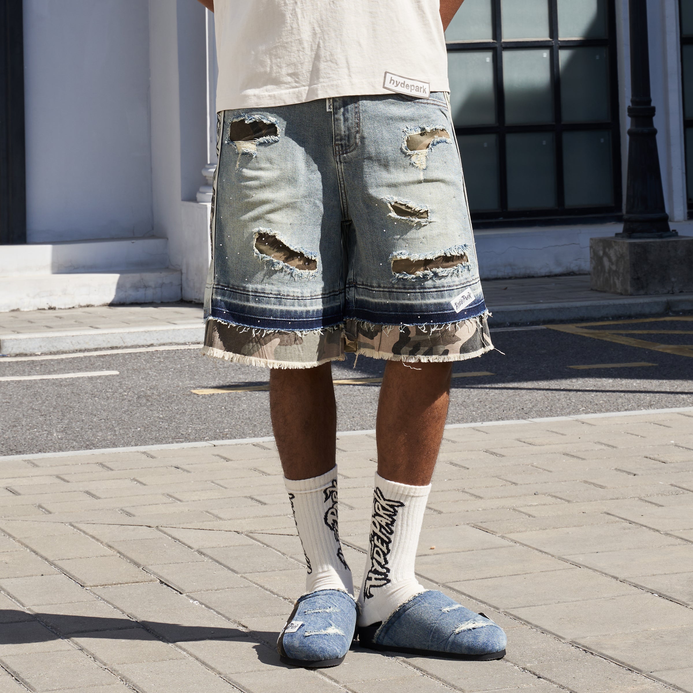 Camo Patch Striped Denim Short - Blue