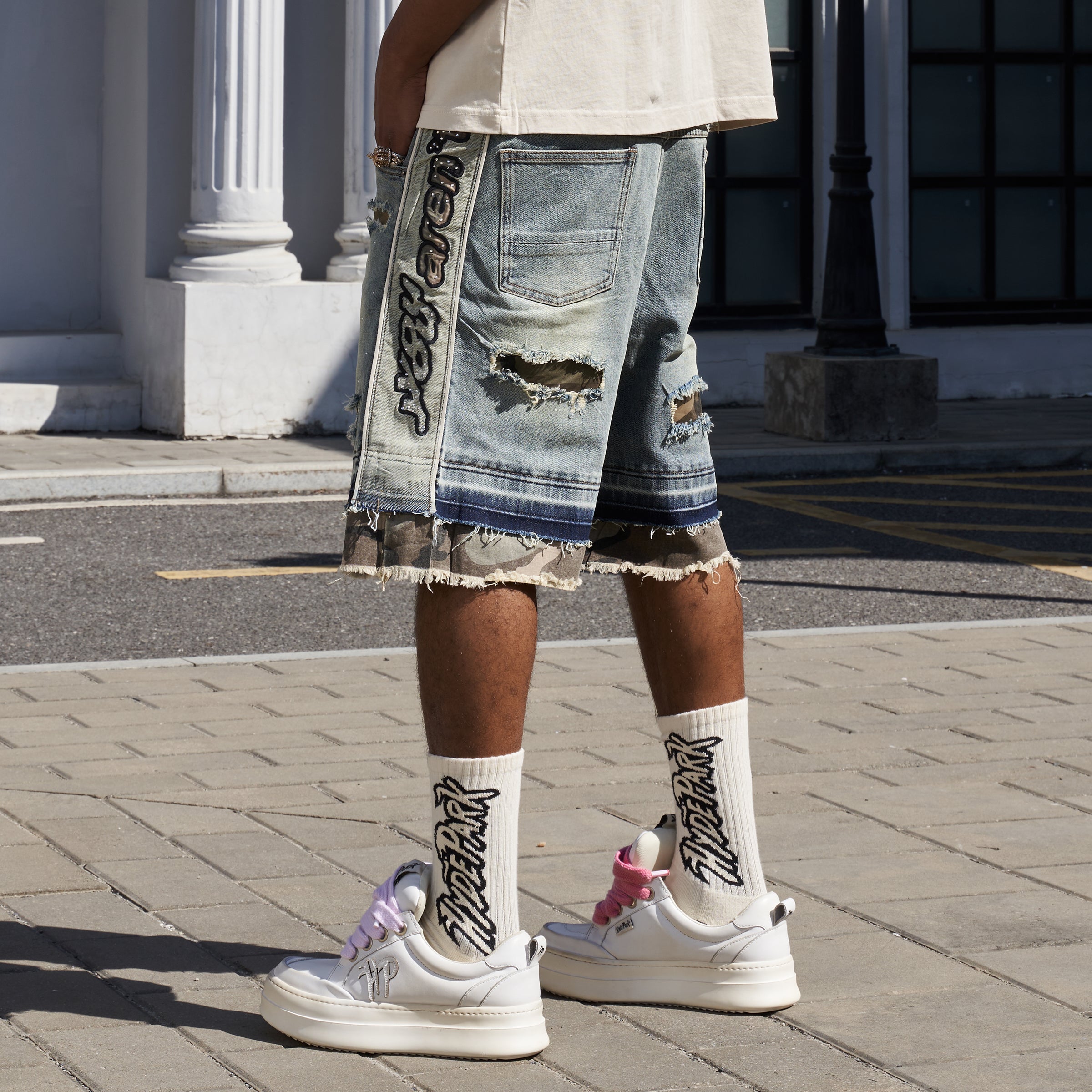 Camo Patch Striped Denim Short - Blue