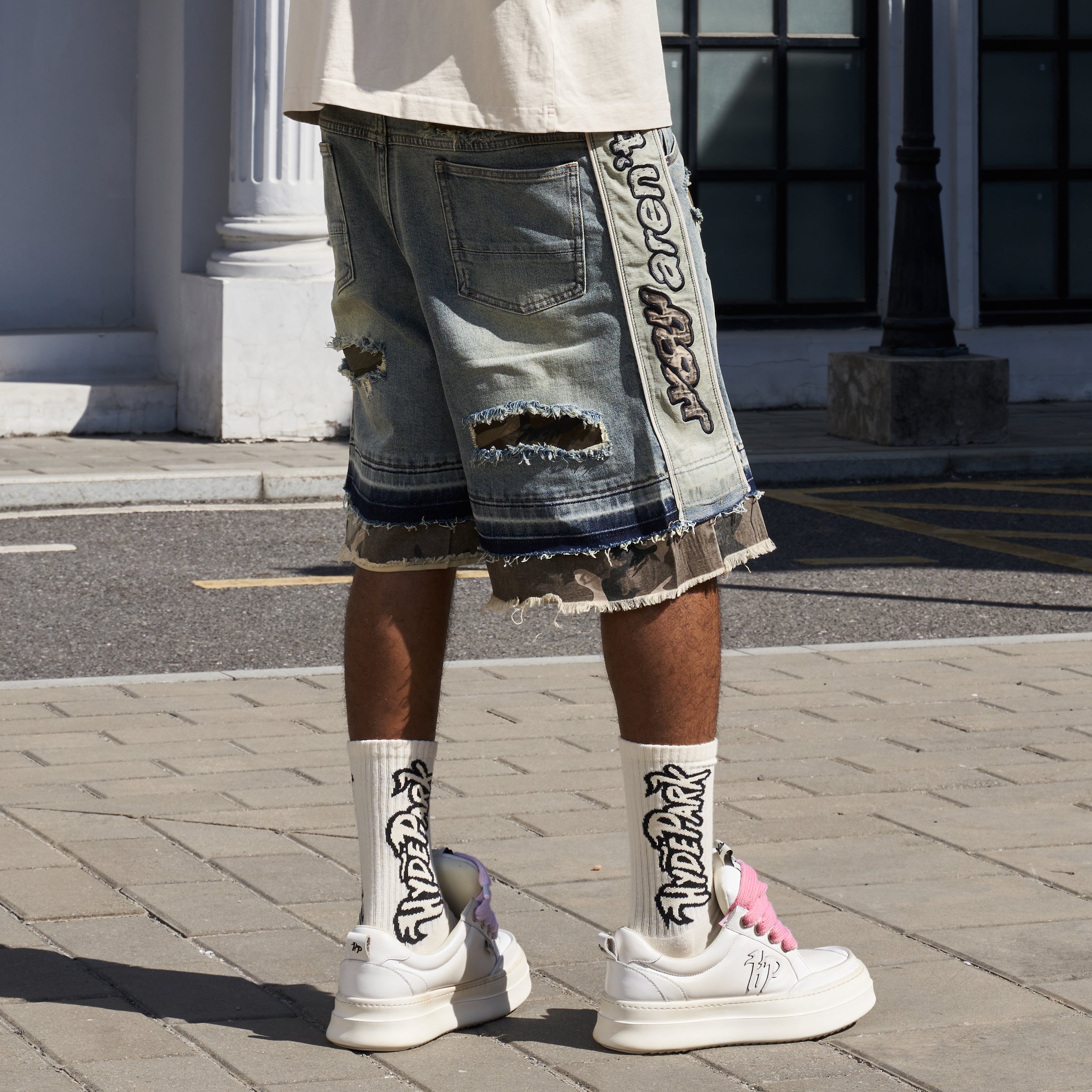 Camo Patch Striped Denim Short - Blue