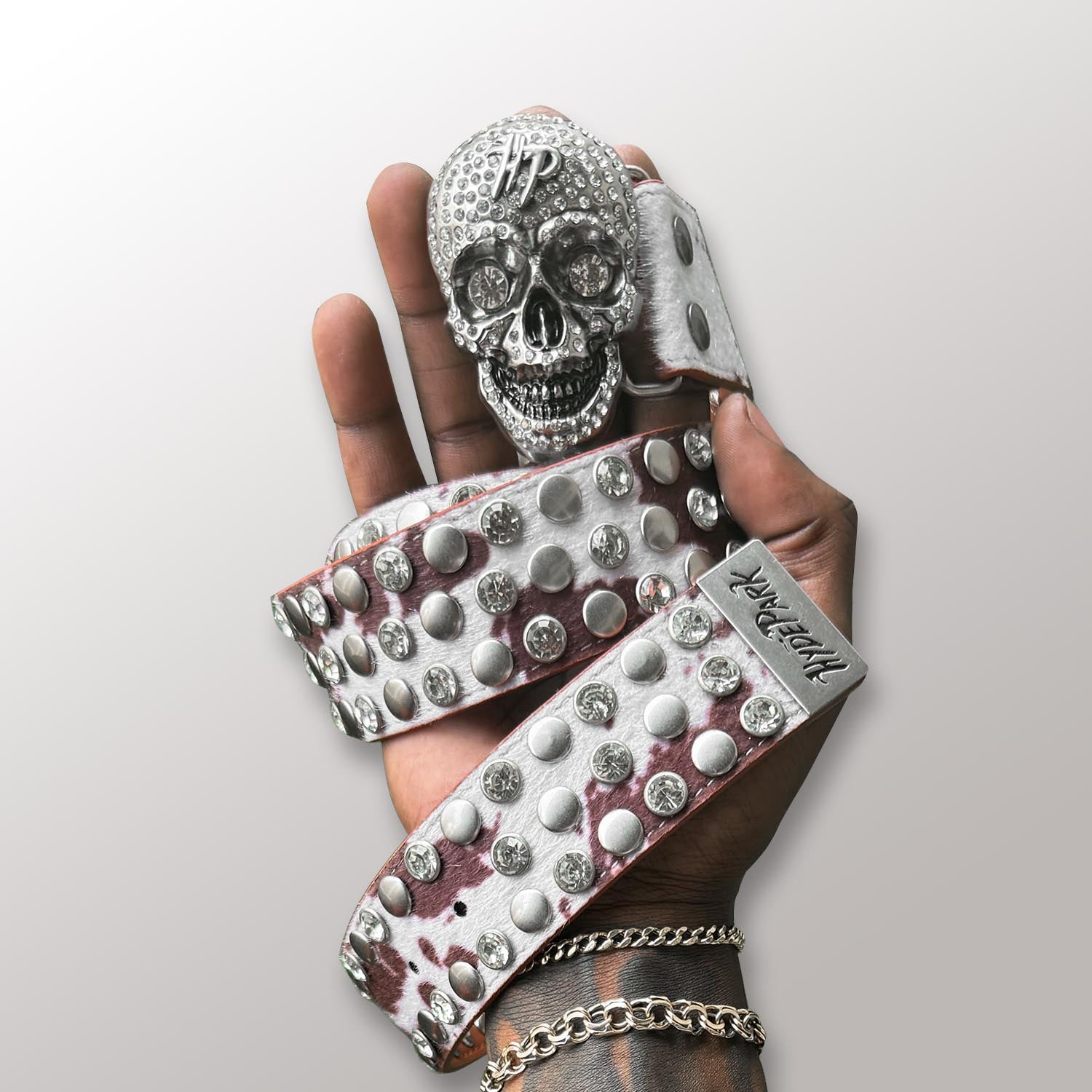 Cow Print Skull Belt - Cream Brown