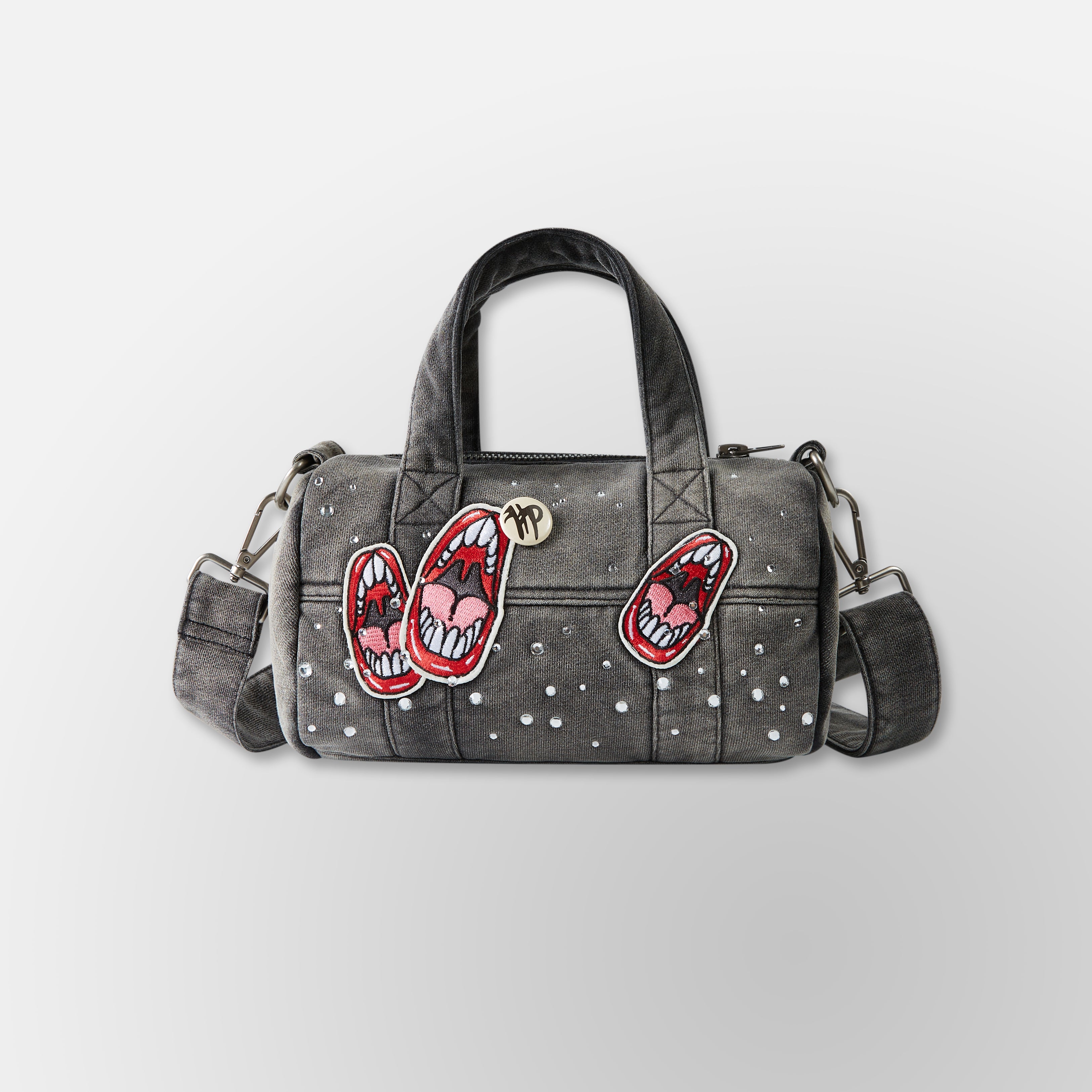Studded Denim Mini Duffel Bag - Black