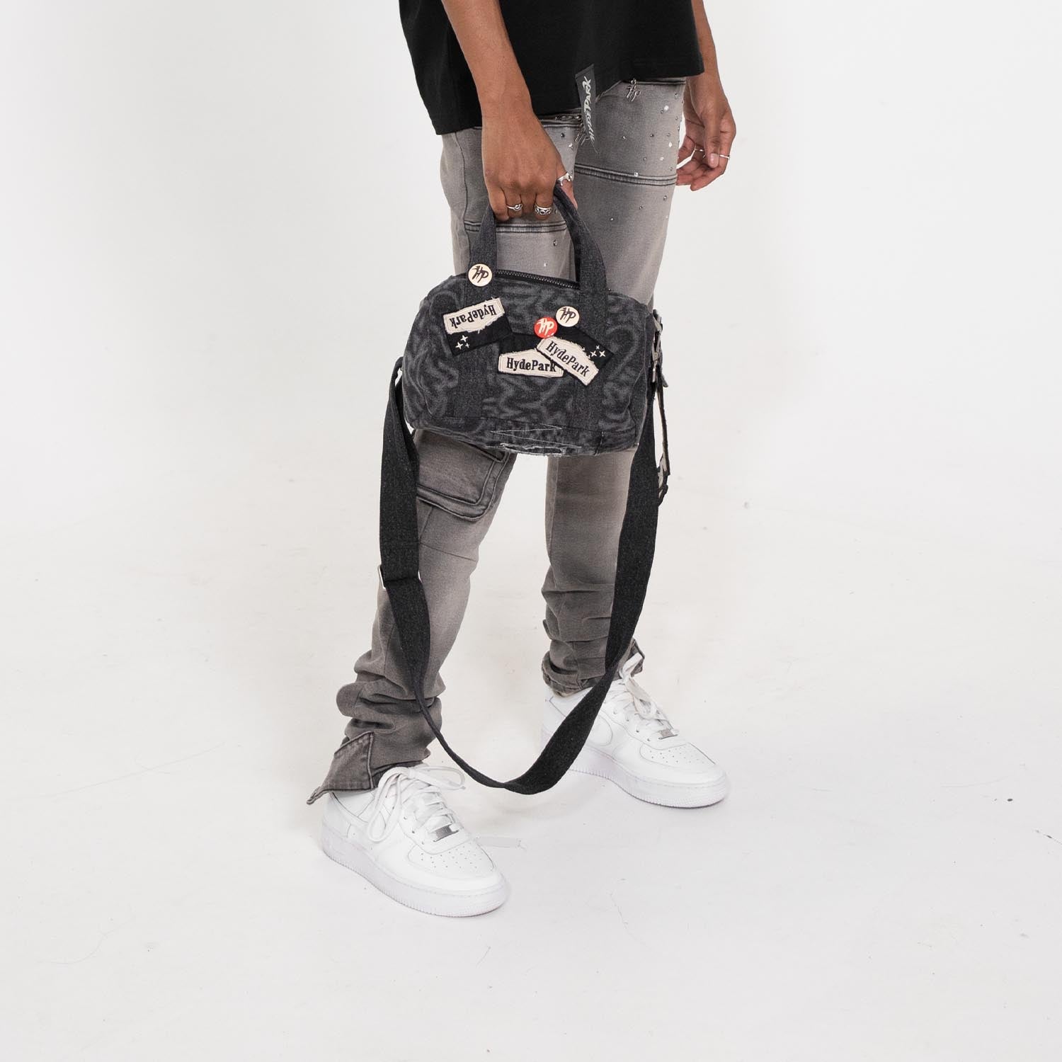 Up-Cycled, Written Up- Denim Mini Duffle Bag- Black