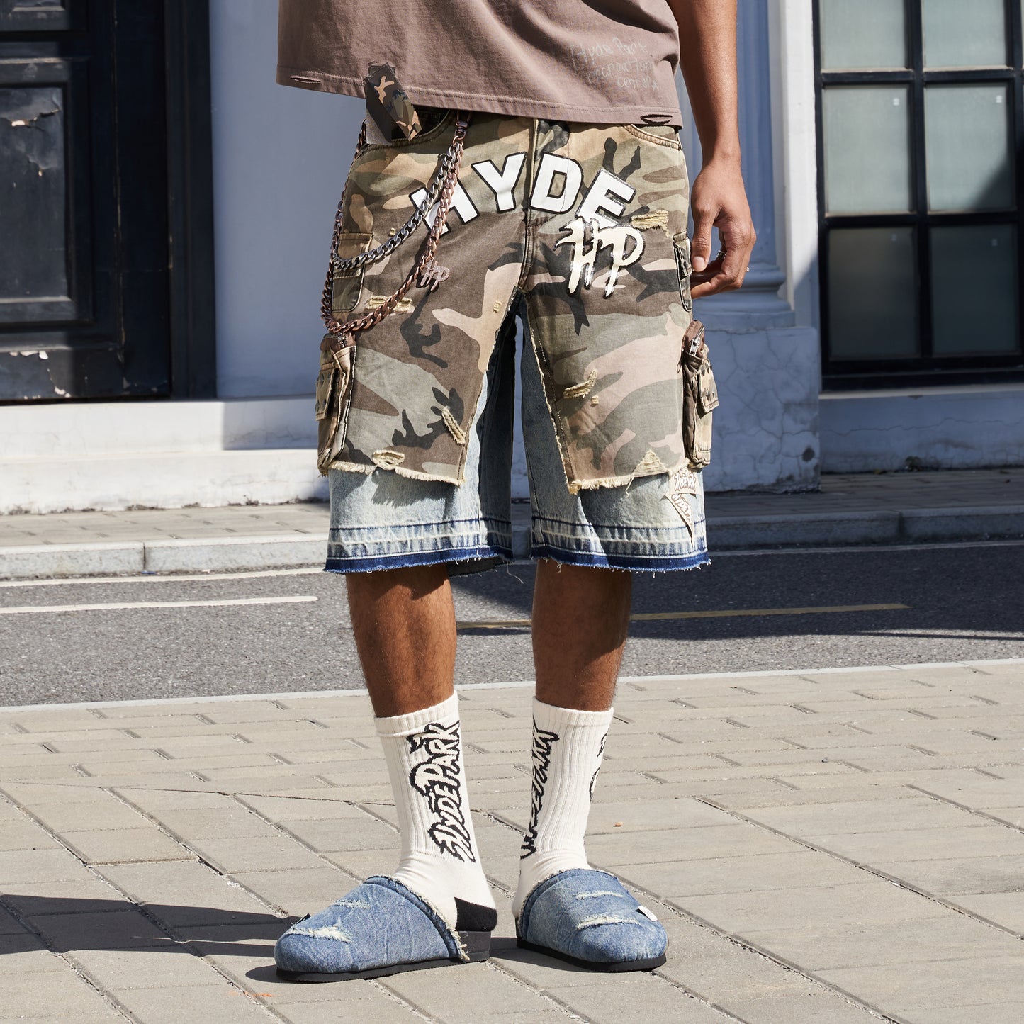 Camo x Denim Cargo Short - Military Green