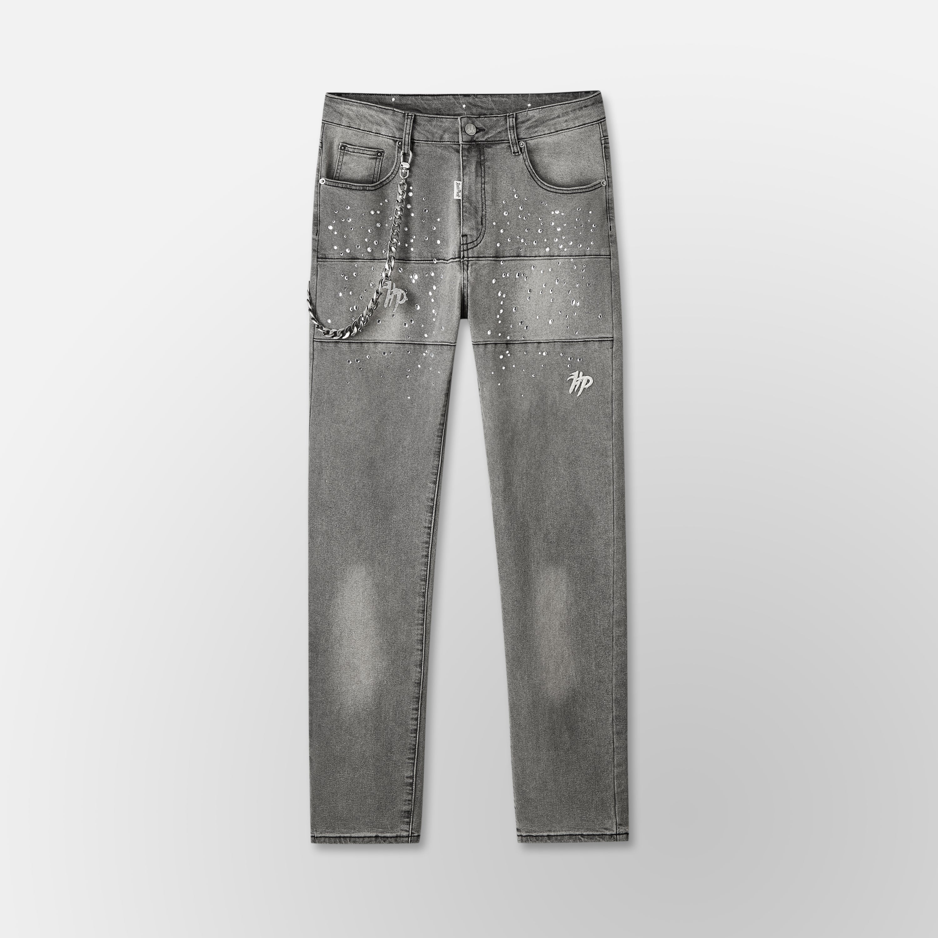 Studded Park Velocity Denim Pants - Grey